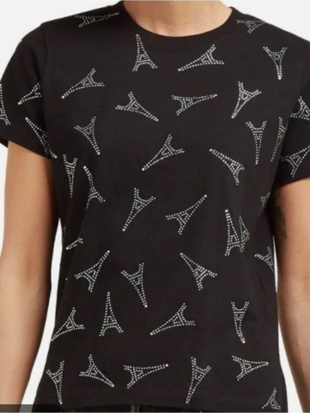 New Balenciaga Black Silver Eiffel Tower Rhinestone Pattern Tshirt